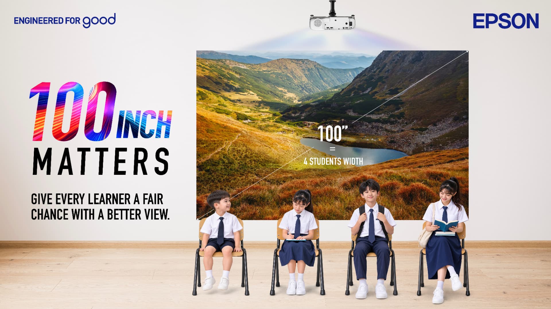 Epson 100 inch matters campaign visual: students in front of a large projected classroom display